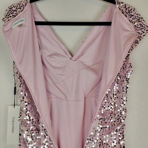 NWT Calvin Klein Sequined V-Neck Cap Sleeve Dress Cherry Blossom Silver - Picture 11 of 12